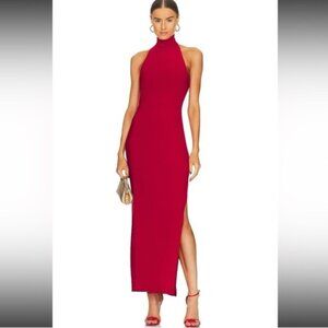 Norma Kamali HALTER TURTLE Neck SIDE SLIT GOWN Red Size Medium Evening Stretch